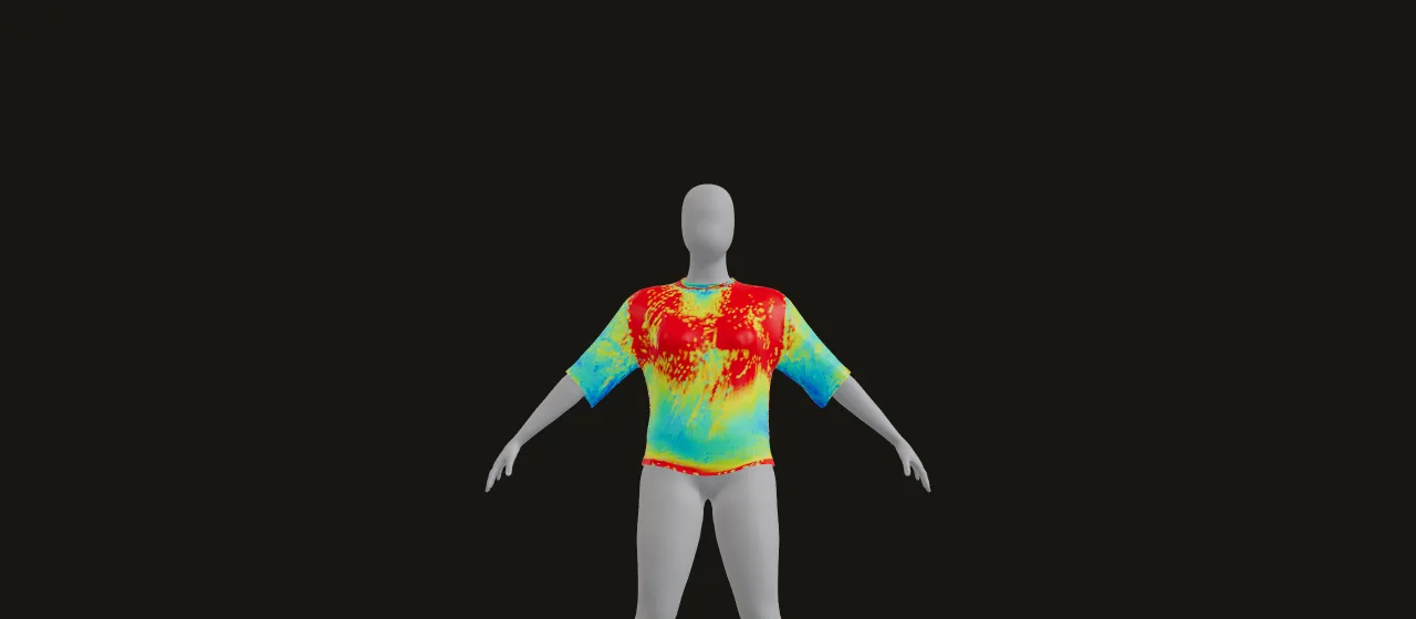 El avatar con la camiseta puesta en el visor 3D, con el mapa de estiramiento activo